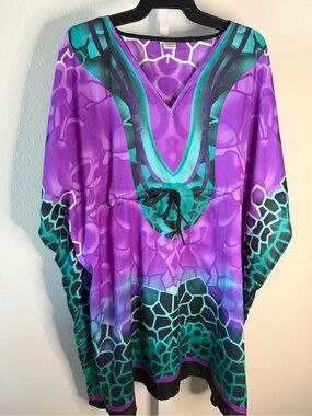 NWOT-Highness Vibrant Purple & Teal Patterned Kaftan Tunic/Swim Cover Up